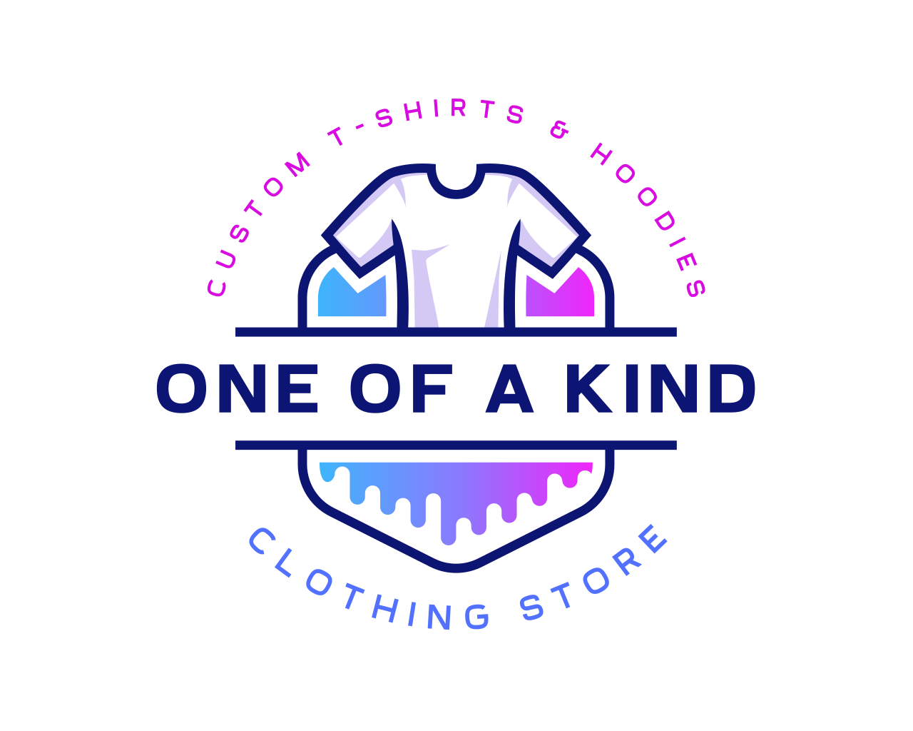 "One Of A Kind Clothing Store logo featuring a crown emblem and circular tagline: Premium T-Shirts & Hoodies"